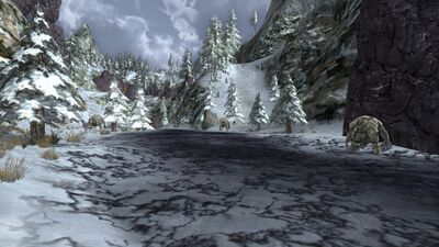 The river's frozen path is frequented by goblins and trolls, making it a dangerous area to approach.
