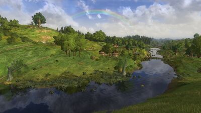 Past a bend, the river flows into the Hobbiton-Bywater area, the very heart of the Shire.