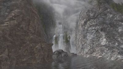 At the bottom of the falls, the Rhimdath joins the flow of the newly-formed Anduin, making it count as one of the Wells of Langflood together with the Langwell, Wyrmsgráf and Greylin rivers.