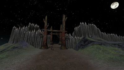 Entrance to the camp under the night sky