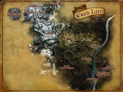 A map of Ered Luin showing the entrance to the Grey Havens through Rath Teraig