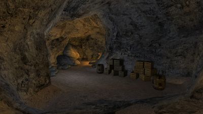 Crates in a tunnel of the Brigand Cave