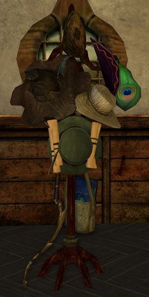 Bingo's Hatrack with hats from The Shire, Bree-land, Lone-Lands, Misty Mountains, Moria, Caras Galadhon and Mirkwood