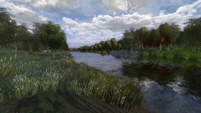 Beyond the ford, the river's calm waters is only accessible from the Rohan side, as heavy vegetation on the Gondor side prevents passage.