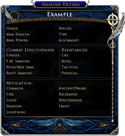 This Analysis box pops up after using Knowledge of the Lore-master on an enemy target. The result will show the relative difficulty of the creature for your Lore-master.