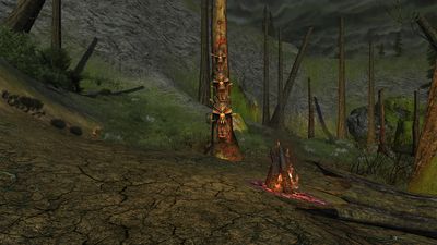 A goblin totem and bonfire within Tûm Fuin