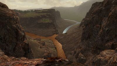 After plummeting down to the plains of the Barding-lands, the river's rust colouring clears up.