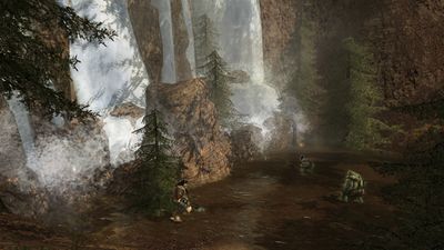Stone-trolls wading in the shallow water at the falls base