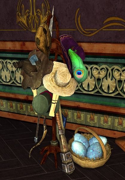 Bingo's Hatrack with hats from The Shire, Bree-land, Lone-Lands, Misty Mountains, Moria, Caras Galadhon, Mirkwood, The Great River and East Rohan