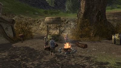 Hobbits discussing their steps forward by a fire