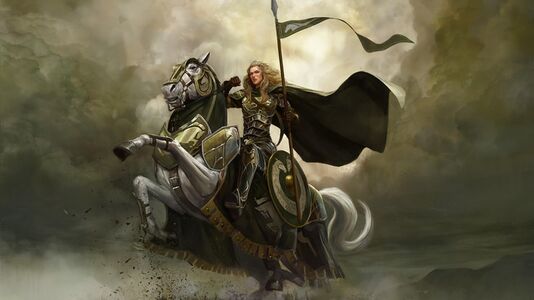Concept art showing a female Rohirrim on a prancing white, armoured Mearas steed.
