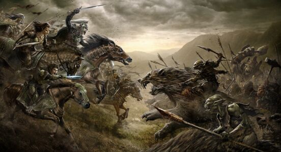 Concept art of a battle scene with the Rohirrim (plus a hobbit and an elf) to the left and orcs riding wargs on the right, riding into each other.