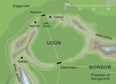Udûn: between Cirith Gorgor and Carach Angren (also called "the Isenmouthe in Westron)