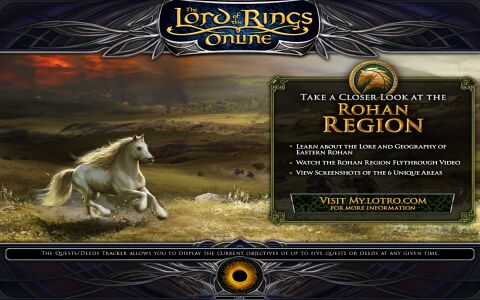 A loading screen showing the LOTRO logo, concept art of a white Mearas steed and advertisement text promoting the (back then) upcoming expansion.