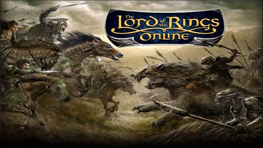 A splash screen showing the LOTRO logo and concept art of a battle scene with the Rohirrim (plus a hobbit and an elf) to the left and orcs riding wargs on the right, riding into each other.