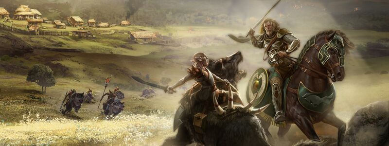 Concept art showing a warg rider and a male Rohirrim rider in mounted combat on the Rohirric plains. In the background a village is seen, as well as more warg riders charging in.