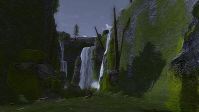 Swiftbrook falls down from the Northern Ered Luin in a set of waterfalls tucked in a small vale.