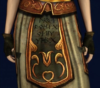 Screenshot of the text of Clanweave Leggings. Runes read: [truːθ duelz uiθin na:mz] in Angerthas Daeron, except the /n/ sounds are written using the Angerthas Moria rune for /n/ instead. Presumably intended to read "Truth dwells within names."