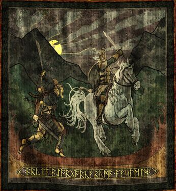 Tapestry of King Brytta assailing the orcs of the Misty Mountains