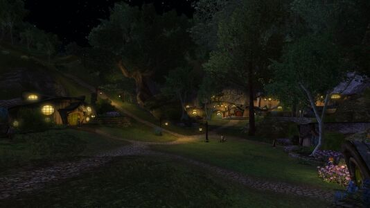 Lampposts lighting the cozy hollow at night