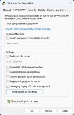 The Compatibility tab of the Windows file properties dialog for the LOTRO Launcher, showing a variety of options including the "change high DPI settings" button near the bottom.