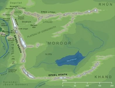 Ephel Dúath (the Mountains of Shadow) and Ered Lithui (the Ash Mountains) border Mordor on three sides