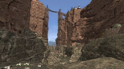 The bridge that once crossed the Agâl now swings high above a deep ravine.