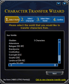 A screenshot of the Launcher character transfer dialog on a high res display with the OS "System (Enhanced)" high DPI compatibility override enabled. No text is clipped, and font sizes appear reasonable, and the world list is visible.