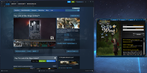 A screenshot of the LOTRO Launcher next to Steam on a high resolution display, scaled using the Windows "System (Enhanced)" DPI scaling override.