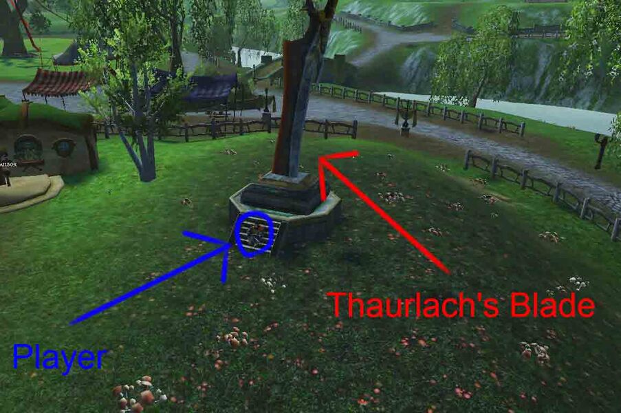 A Player next to Thaurlach's Blade showing size comparison
