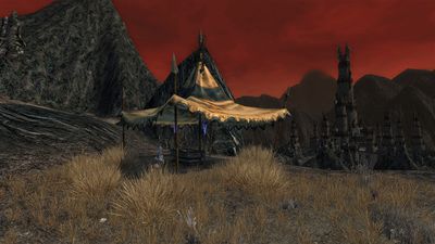 A vile altar under a tent in the wilds