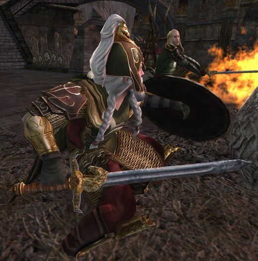 Théoden wielding Herugrim, during the Battle of Helm's Deep