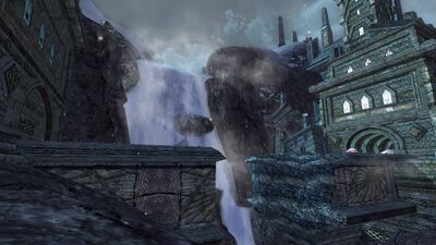 The Gladden flows east from the Misty Mountains, crashing through the dwarve ruins of Kidzul-kâlah in the form of a waterfall.