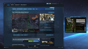 A screenshot showing a normal looking Steam window with the LOTRO Launcher window next to it. The LOTRO window is very small by comparison, and exhibits several user interface layout issues including clipped text, a scroll view which can only show one sever at a time, and tiny text for the announcements page.