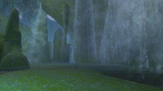 Waterfalls in the mist-filled grotto