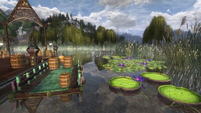 The life of the elves here is dependent on the river, using it both for reposing in boats, and receiving barrels of goods from upstream.