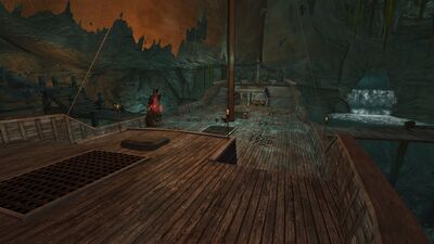 Aboard the boat docked in the Hoarwell Water Cavern