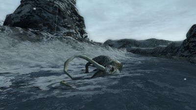 Frozen carcass of a mammoth in the icy wastes