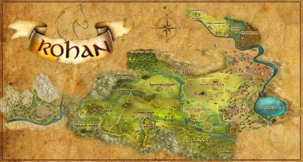 An alternate map of Rohan which includes the Gap of Rohan (part of Dunland in-game) and parts of the Great River occupied by the Rohirrim.