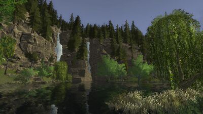 The first two of Calenhir's five source waterfalls form a peaceful lake at its highest point.