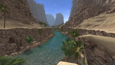 The river has a placid flow throughout, and slowly winds back and forth through the steep landscape.