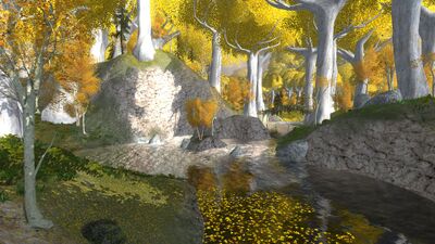 The two branches of the Nimrodel pour into the Celebrant just as it enters Lothlórien proper, heading towards the great Anduin on the far side of the forest.