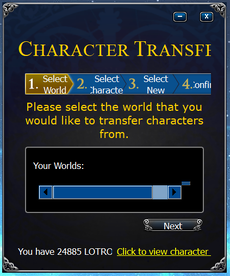 A screenshot of the LOTRO Launcher's character transfer dialog as it appears on a high resolution display. Nearly all of the text is clipped, some is entirely unreadable. The world list appears empty because it has been sized too small to display anything.