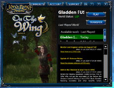 A screenshot of the LOTRO Launcher showing the world selection page. The world label is cut-off due to text clipping issues, the world list only shows one at a time due to the scroller being sized too small, and the text in the announcements area is very tiny.