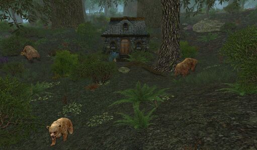 Three bears outside a peculiar home.