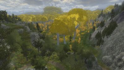 View from Glándir looking south into Lothlórien. Caras Galadhon is visible in the distance