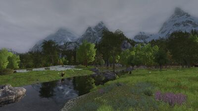 The river enters the open plains of Rohan, giving herd animals access to its fresh waters.