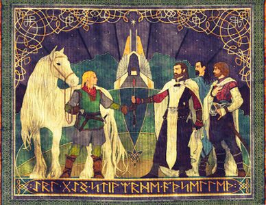 A tapestry depicting Borondir presenting Eorl the Young with the original red arrow, with the mearh Felaróf standing by.