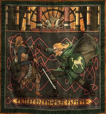 Tapestry of Frealaf slaying Wulf before the throne of Meduseld