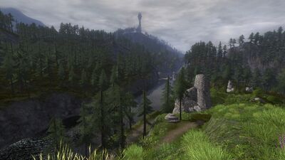 The river also marks the northern border of Gondor, though Gondorian holdings, such as this tower, have long been abandoned this far north.